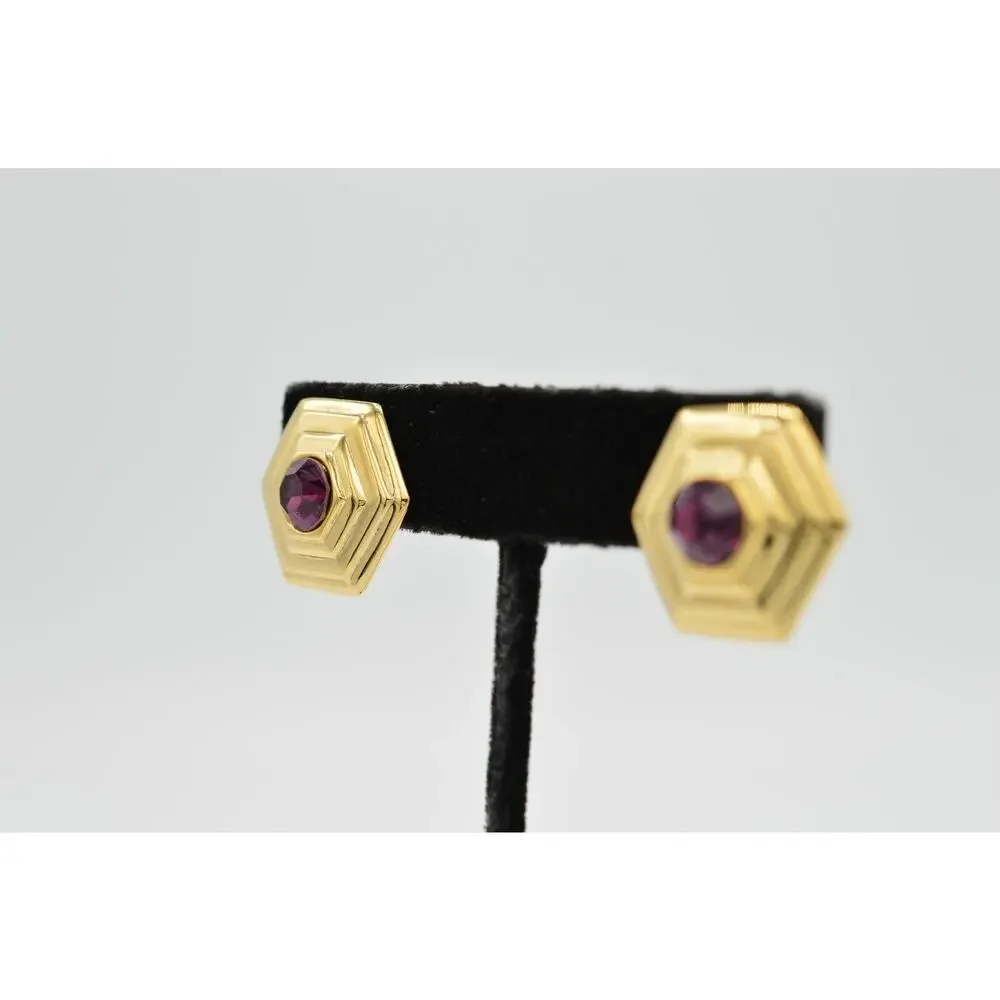 Vintage Crystal Clip On Earrings Rhinestone Purple Gold Statement NOS 1980s 9L